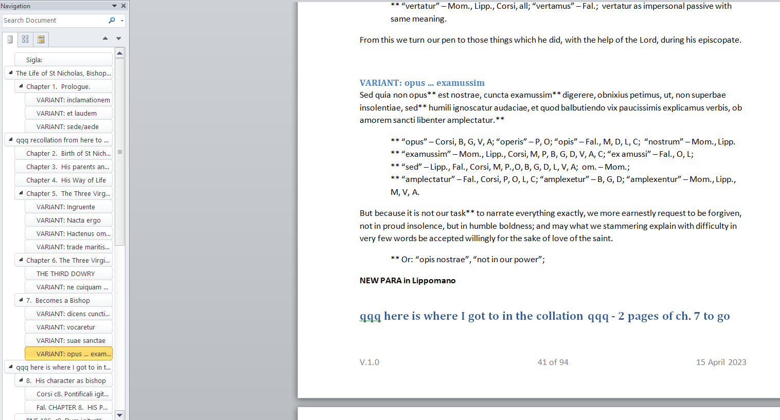 Screenshot of Word document of collation